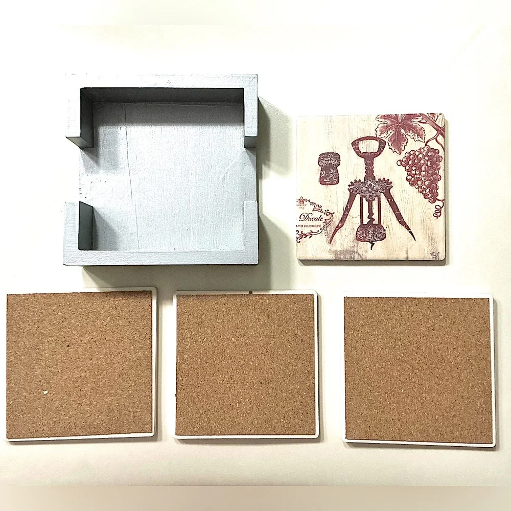 Wine Themed 4 Coasters with Holder